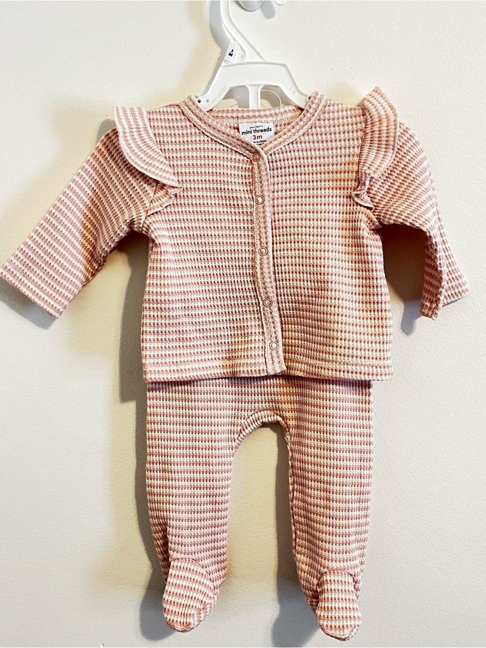 NWOT Petit Lem Mini Threads Waffle Knit Matching Set Pink Ruffle Top Footed Pant